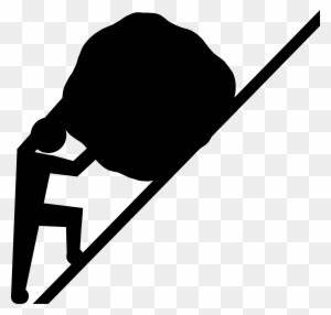 a man pushing boulder up a steep hill to depict struggle, yet not giving up
